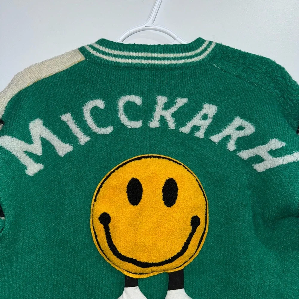 Rare Smiley Patchwork Knit Bomber Jacket Green Leopard Check Full Zip Streetwear